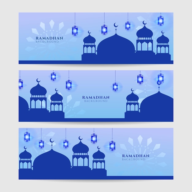 Islamitische ramadan kareem banner achtergrond met halve maan patroon maan ster moskee lantaarn vector illustratie ramadan kleurrijke brede banner ontwerp achtergrond