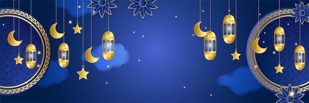 Islamitische ramadan kareem banner achtergrond met halve maan patroon maan ster moskee lantaarn Vector illustratie Ramadan lantaarn donker blauw goud kleurrijke brede banner ontwerp achtergrond