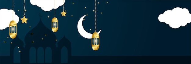 Islamitische ramadan kareem banner achtergrond met halve maan patroon maan ster moskee lantaarn vector illustratie ramadan lantaarn donker blauw goud kleurrijke brede banner ontwerp achtergrond