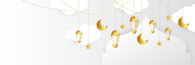 Islamitische ramadan kareem banner achtergrond met halve maan patroon maan ster moskee lantaarn vector illustratie ramadan witte kleurrijke brede banner ontwerp achtergrond