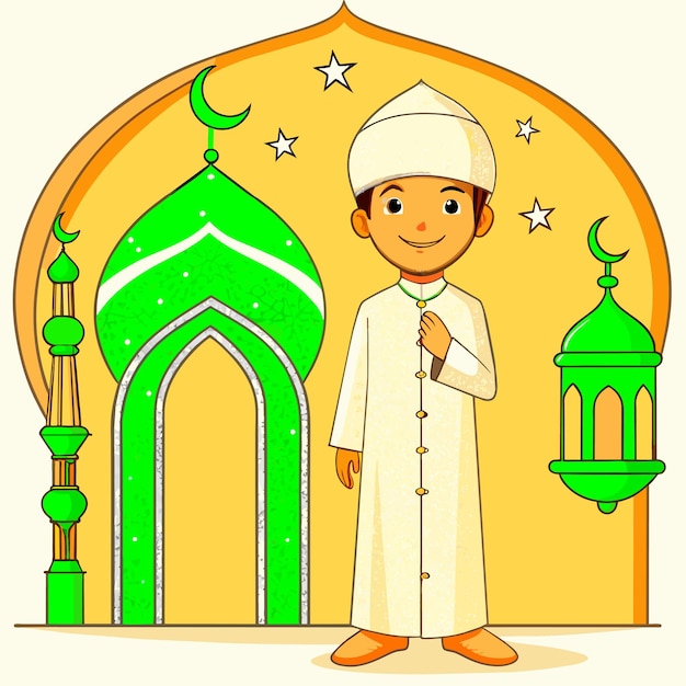 Vector islamitische ramadanviering iftar feest handgetekende mascotte cartoon personage sticker icoon concept
