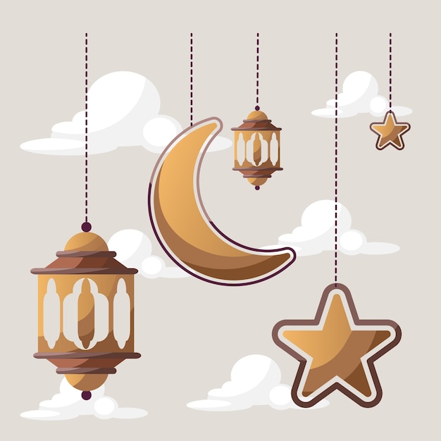 Islamitische Ster Maan Ornament Vlakke Illustratie
