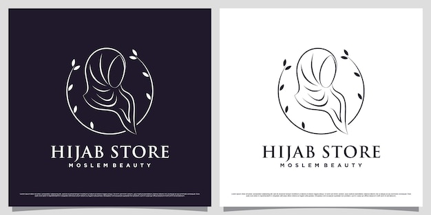 Islamitische vrouwen logo ontwerpsjabloon dragen hijab met lijn kunststijl en blad element concept