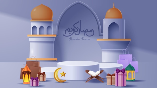 Islamitische weergave podium decoratie achtergrond met islamitische ornament vector 3d illustratie