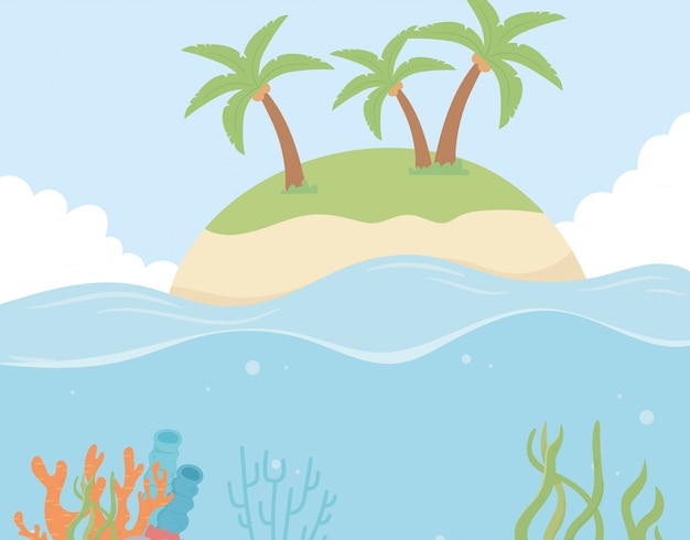 Island beach palms reef coral under the sea cartoon vector illustration