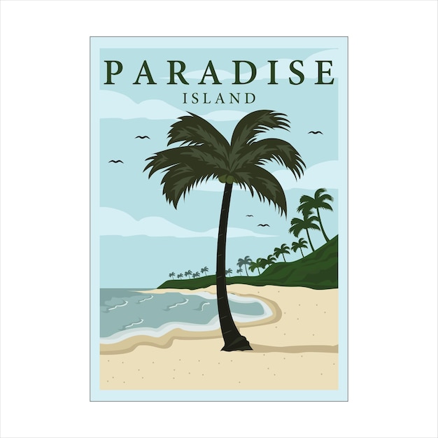 Vettore isola o spiaggia poster vintage sfondo vettoriale illustrazione modello design albero di cocco o palma