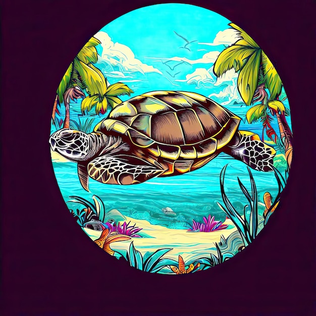 Vector island dreams artistic t-shirt met een zeeschildpad in een tropisch toevluchtsoord