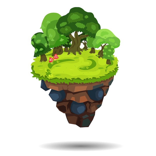 The island is floating in the air Background with forest grass and mushrooms
