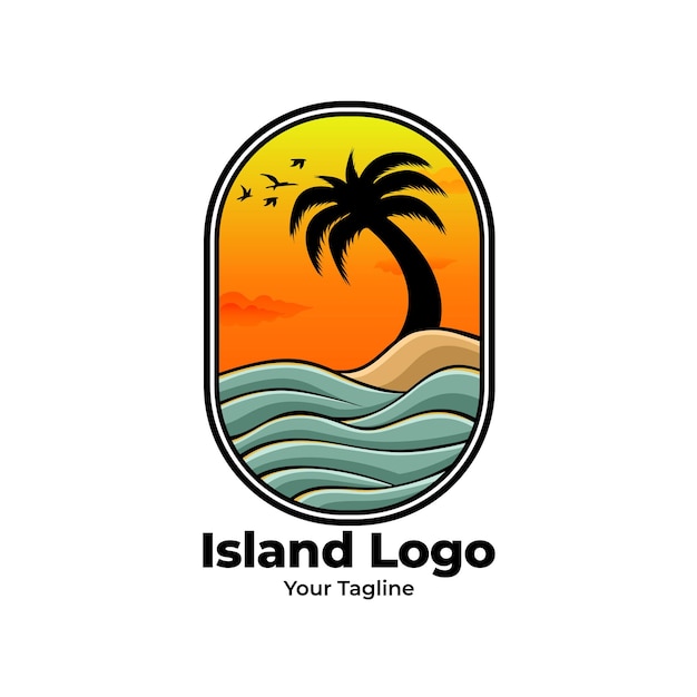 코코넛 나무와 일몰이 있는 섬 로고 디자인