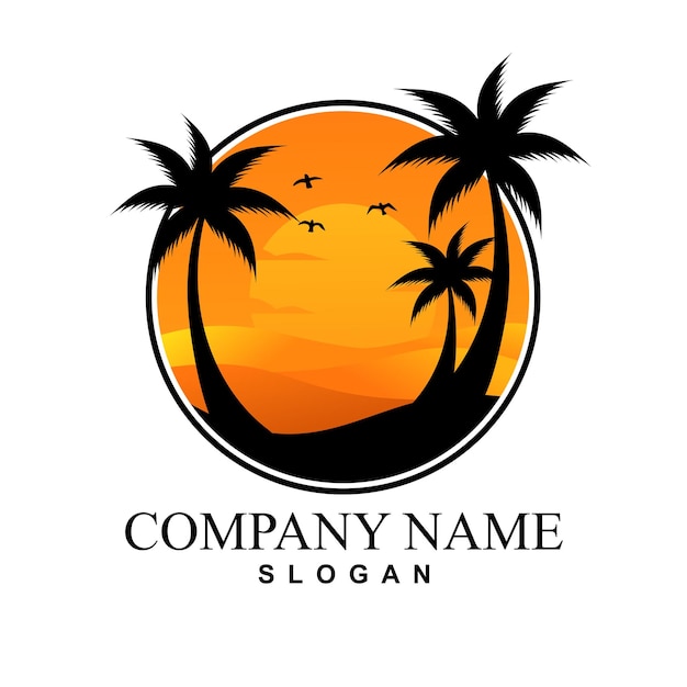 Island Logo Design with Coconut Trees and Sunset