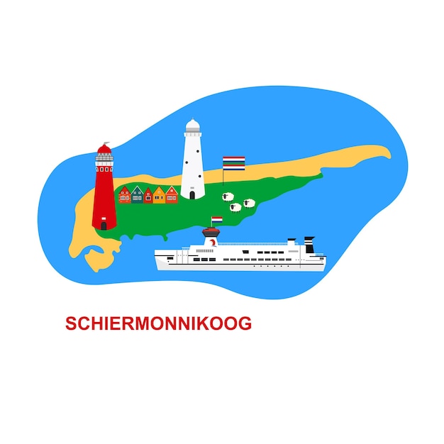 Vettore isola schiermonnikoog faro rosso e bianco olandese sulle pecore dell'isola