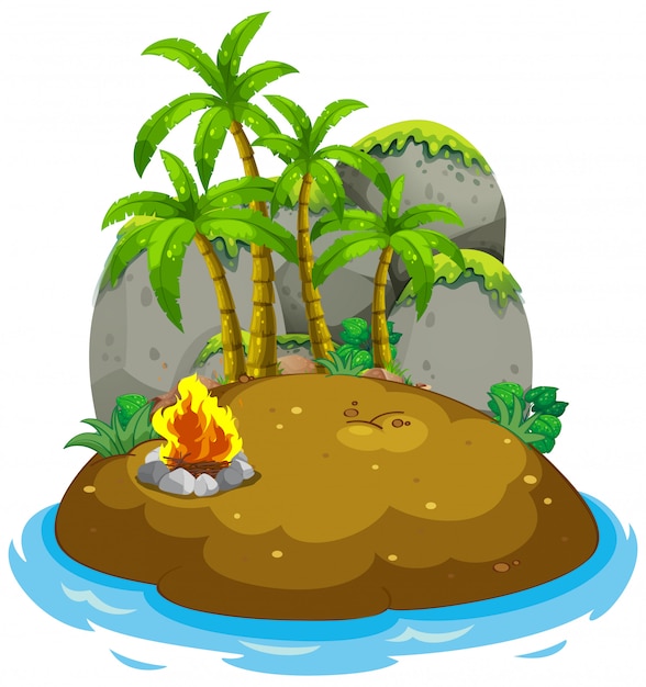 Island with fire scene