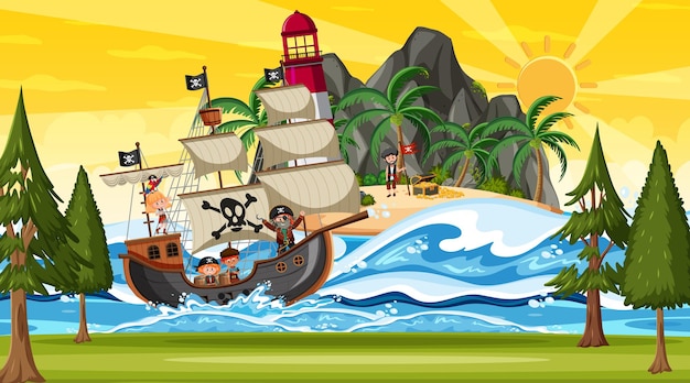 Island with pirate ship at sunset scene in cartoon style