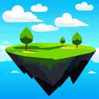 Vector islands with green grass and tree float in sky with clouds vector illustration