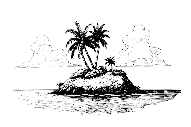 Vector islands with palms landscape hand drawn ink sketch engraving style vector illustration