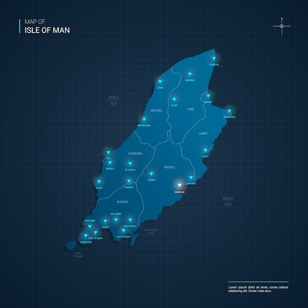 青いネオンライトポイントのあるマン島の地図