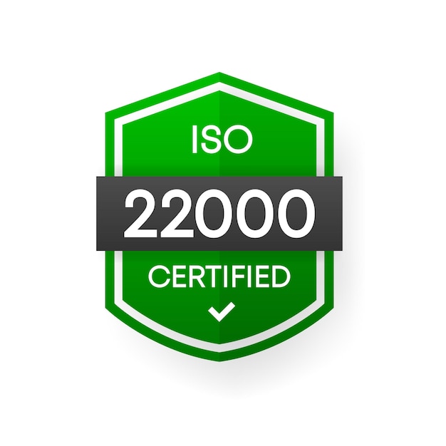 Сертифицированный ISO 22000 зеленый векторный баннер. Плоская этикетка сертификации, изолированные на белом фоне. Концепция безопасности пищевых продуктов. Векторная иллюстрация.