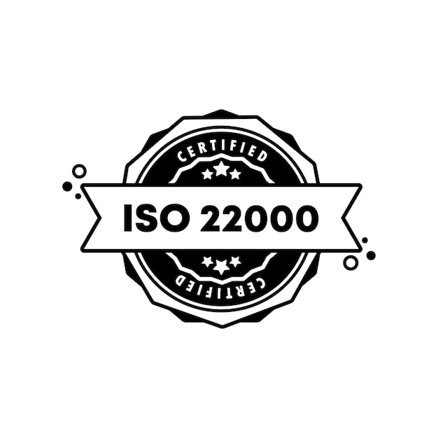 ISO22000スタンプ。ベクター。 ISO22000バッジアイコン。認定バッジロゴ。スタンプテンプレート。ラベル、ステッカー、アイコン。ベクトルEPS10。白い背景で隔離。