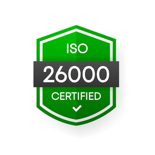 Сертифицированный ISO 26000 зеленый векторный баннер. Плоская этикетка сертификации, изолированные на белом фоне. Концепция безопасности пищевых продуктов. Векторная иллюстрация.