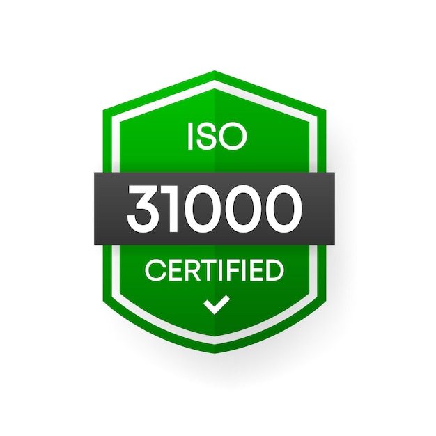 Сертифицированный iso 31000 зеленый векторный баннер. плоская этикетка сертификации, изолированные на белом фоне. концепция безопасности пищевых продуктов. векторная иллюстрация.