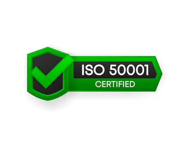 Вектор Сертифицированный iso 50001 зеленый векторный баннер. плоская этикетка сертификации, изолированные на белом фоне. концепция безопасности пищевых продуктов. векторная иллюстрация.