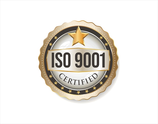 Iso 9001 certified golden badge vector illustration on white background