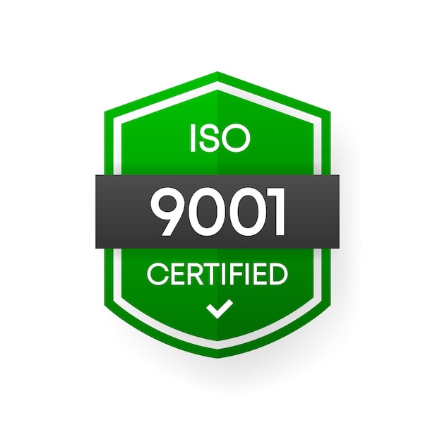 Vector iso 9001 gecertificeerde groene vectorbanner. platte certificeringslabel geïsoleerd op een witte achtergrond. voedselveiligheidsconcept. vector illustratie.