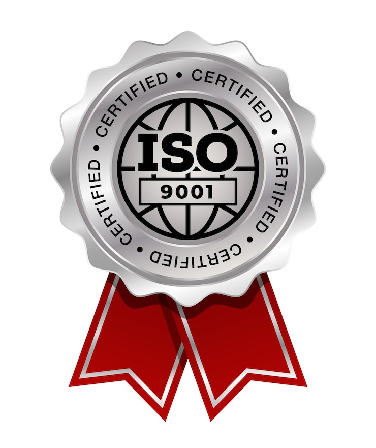 Vector 빨간 리본 벡터가 있는 iso 9001 은메달. 씰 어워드 실버. 품질 관리 시스템. qms