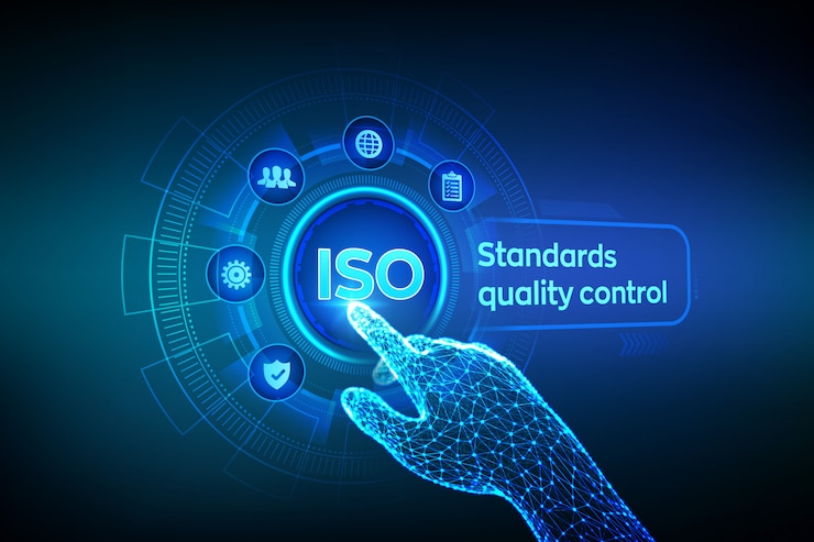 Vector iso standards quality control . robotic hand touching digital interface.