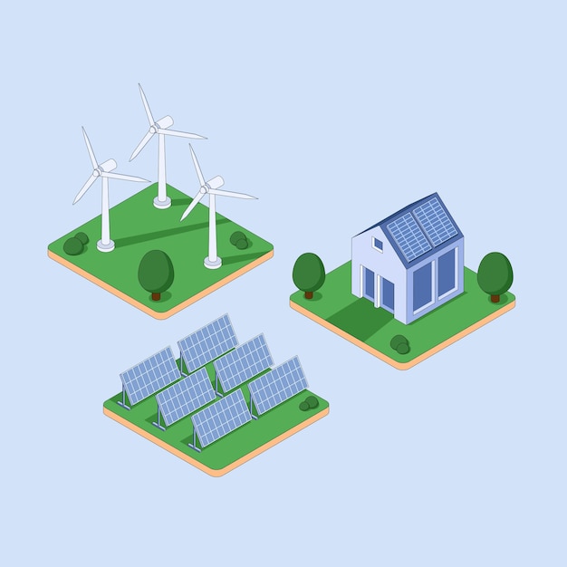 Vector isoemtric illustration of green energy including wind turbine,green house and solar panel