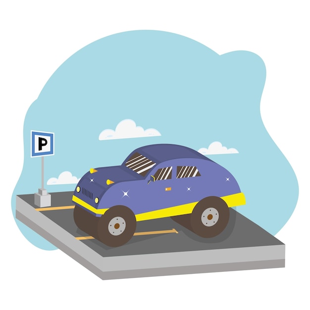 Isolated 3d purple car on a parking slot Vector illustration