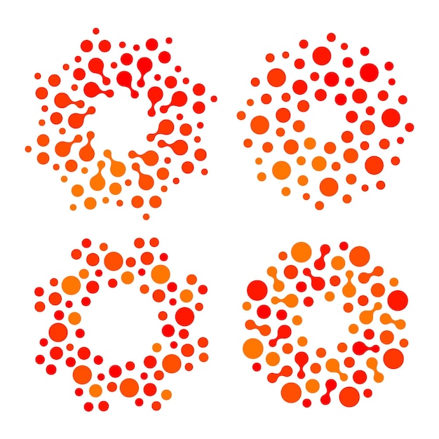 Изолированный абстрактный логотип круглой формы оранжевого и красного цвета с пунктирной стилизованной коллекцией логотипов солнца на белом фоне векторной иллюстрации