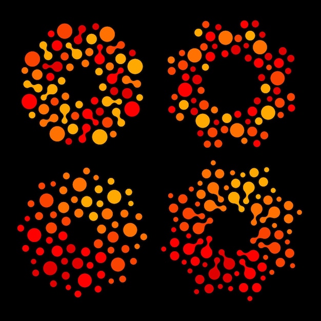 Abstract isolata forma rotonda arancione e rosso logo set punteggiato stilizzato sun logotype collection