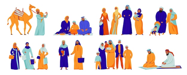 Set di icone arabi isolati con illustrazione vettoriale di diverse tradizioni della famiglia araba e dell'islam