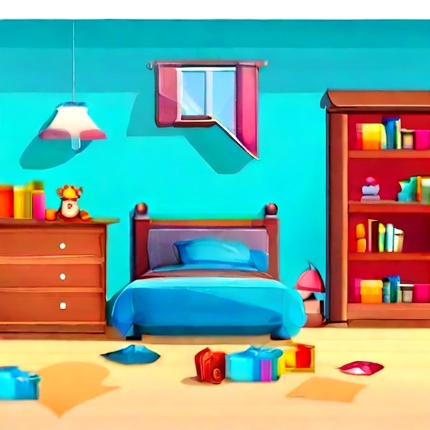 책과 장난감으로 고립된 침실 장면 터