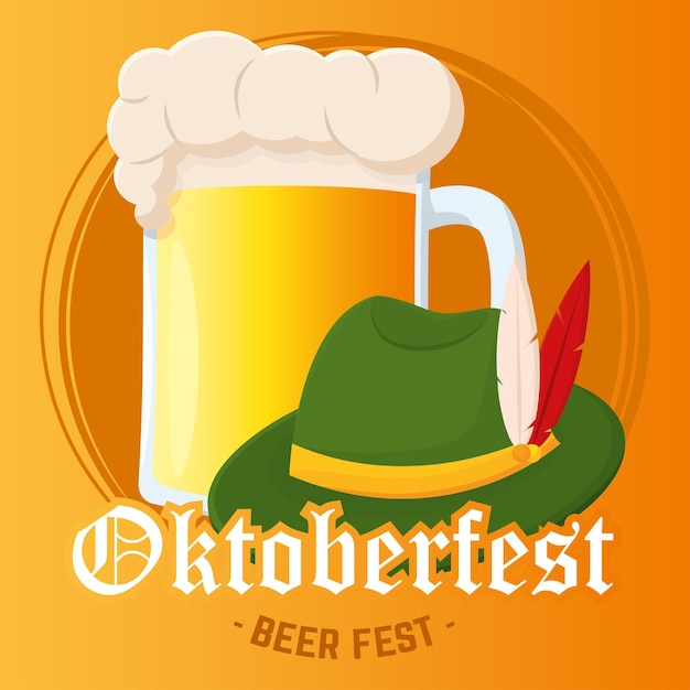 Boccale di birra isolato e tradizionale cappello tedesco illustrazione vettoriale del festival della birra oktoberfest