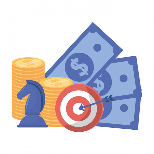 Vector isolated bills coins chess and target illustration