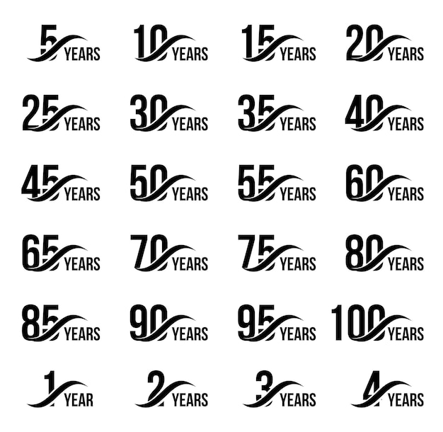 Isolated black color numbers with word years icons collection on white background birthday anniversary greeting card elements set vector illustration