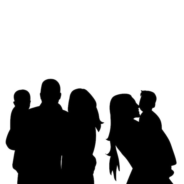 Isolated, black silhouette portrait parents and children, families