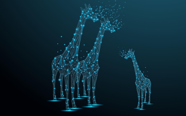 Vector isolated on a blue background a futuristic neon glowing abstract polygon shape like a giraffe family