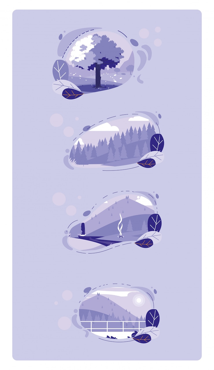 Vector isolated blue landscapes and leaves