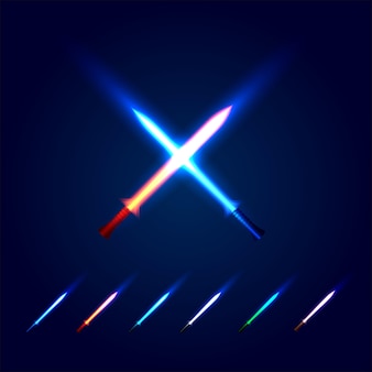 Colore blu e rosso isolato spade di luce incrociate logo film futuristico arma logotipo set sciabola