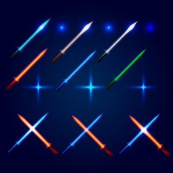Il logo delle spade di luce incrociate di colore blu e rosso isolato ha impostato la sciabola del logotipo dell'arma del film futuristico