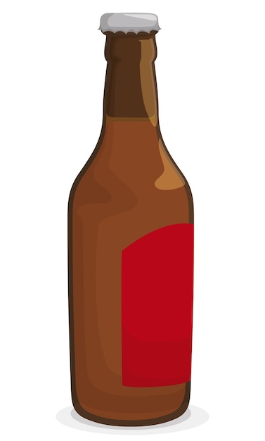 Vettore bottiglia di vetro marrone isolata senza stappare etichetta rossa e liquido all'interno in stile cartone animato