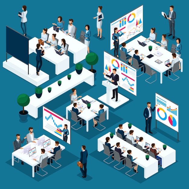 Isolated business coaching, isometric people, 3D person concept with different ways of training and development, the business process of young employees