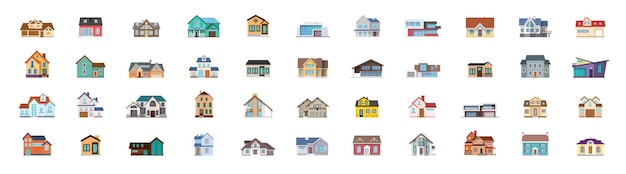 Isolated cartoon houses set Simple suburban houses Big houses set Vector Buildings Set Vector illustration