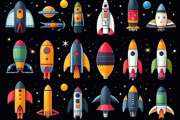 Isolated Cartoon Space Ships and Rockets