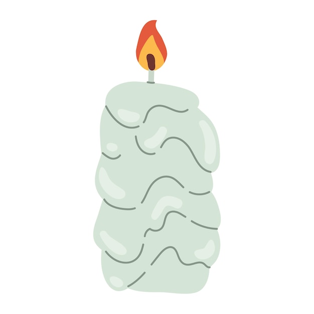 Vector isolated cartoon wax blue relief candle with flame in flat style on white background
