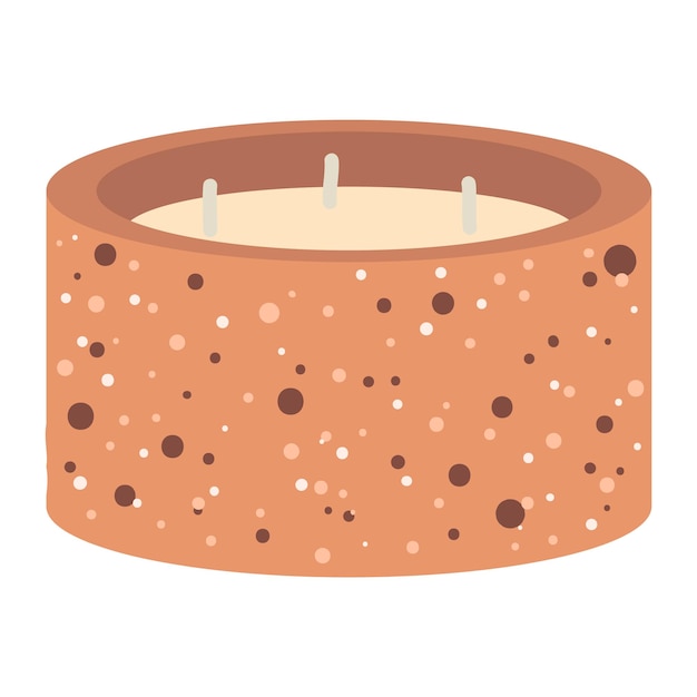 Isolated cartoon wax in brown ceramic round candle holder with 3 candlewicks on white background