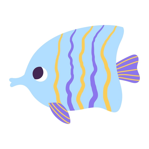 Isolated cartoon yellow blue marine fish with lines in hand drawn flat style on white background